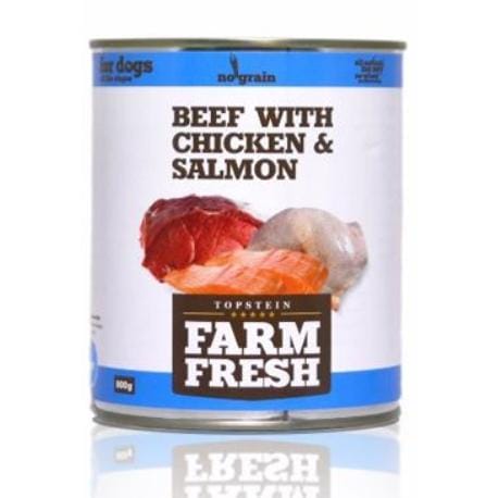 Farm Fresh Dog Beef with Chicken&Salmon konzerva 800g