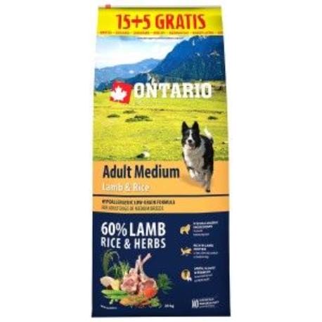 ONTARIO Dog Adult Medium Lamb&Rice 15kg+5kg uvnitř