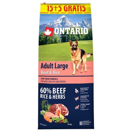 ONTARIO Dog Adult Large Beef&Rice 15kg+5kg uvnitř