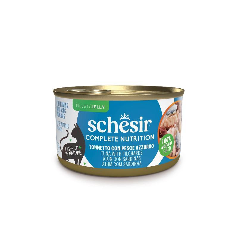 Schesir Cat konz.Compl.Nutrition Tuňák+šproty želé 85g